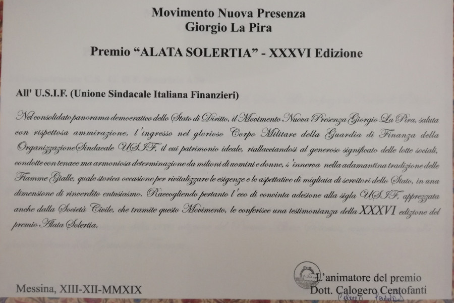 XXXVI edizione del Premio “Alata Solertia”