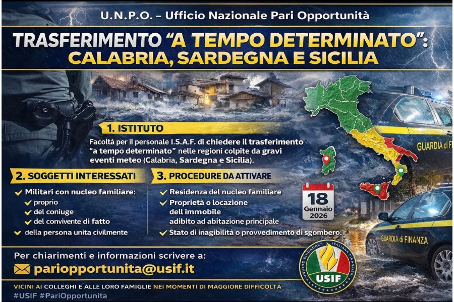 EMERGENZA METEO ATTIVATO IL TRASFERIMENTO  “A TEMPO DETERMINATO” PER CALABRIA, SARDEGNA E SICILIA