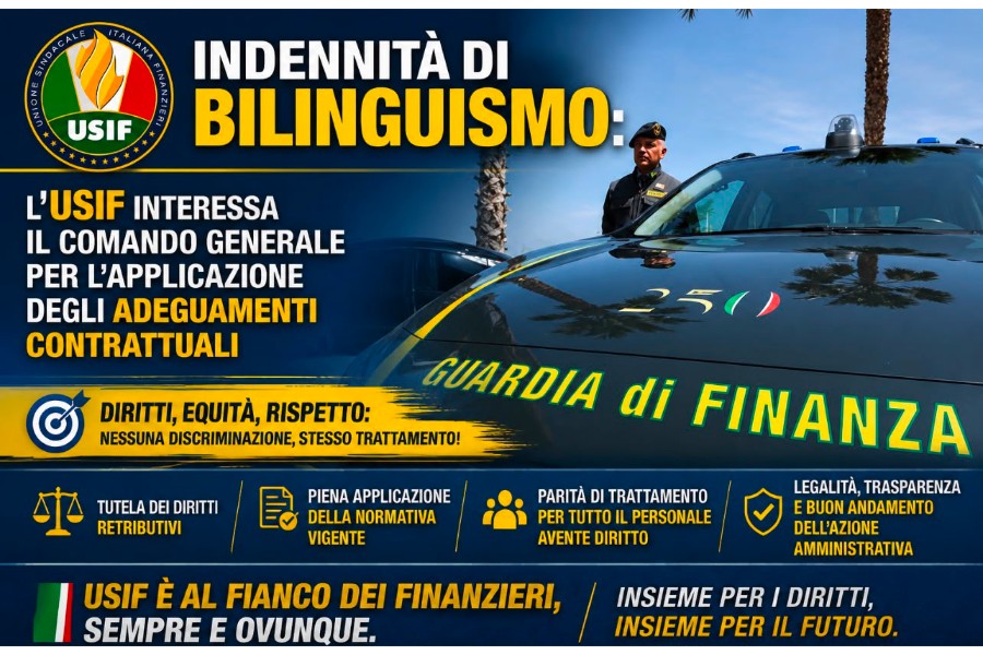 Indennità di bilinguismo: l’USIF interessa il Comando Generale per l’applicazione degli adeguamenti contrattuali