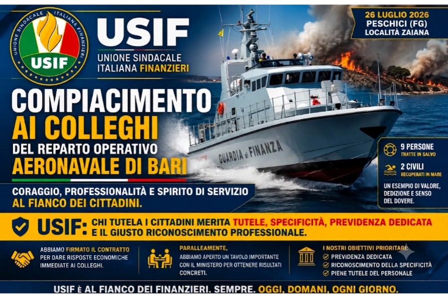 Compiacimento ai colleghi del Reparto Operativo Aeronavale di Bari. Il loro coraggio merita risposte concrete su tutele, specificità e previdenza dedicata