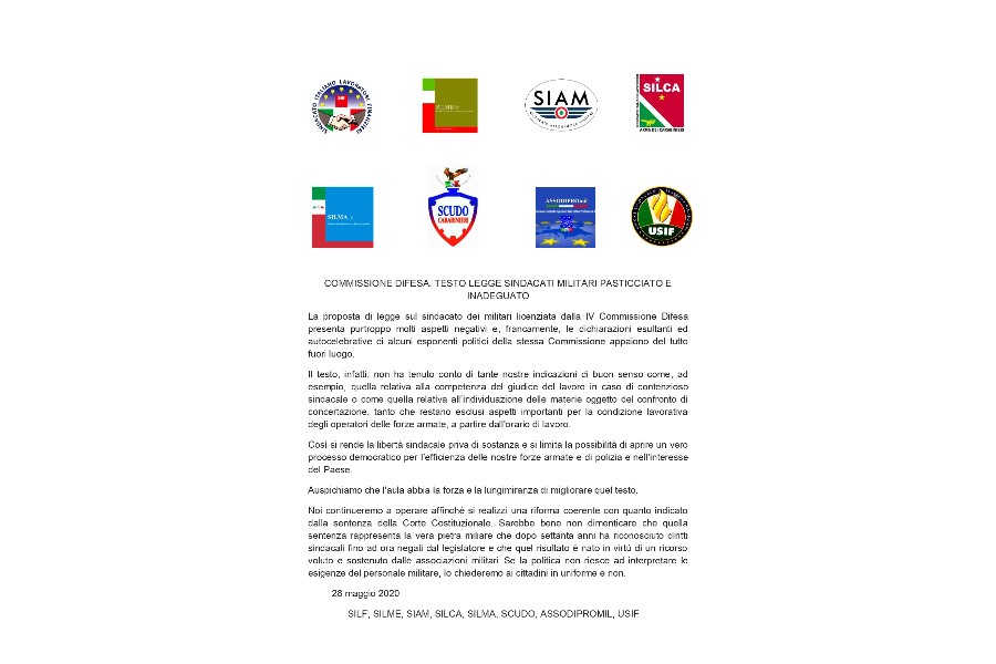 Commissione Difesa - Testo Legge sui Sindacati Militari pasticciato e inadeguato