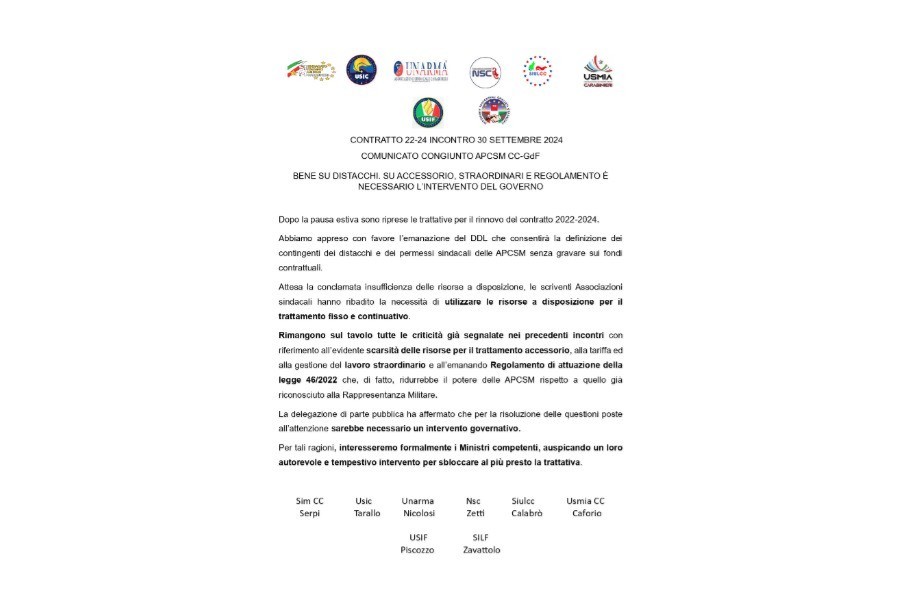 CONTRATTO 2022-24, USIF: INCONTRO DEL 30.09.2024, NECESSARIO L'INTERVENTO DEL GOVERNO 